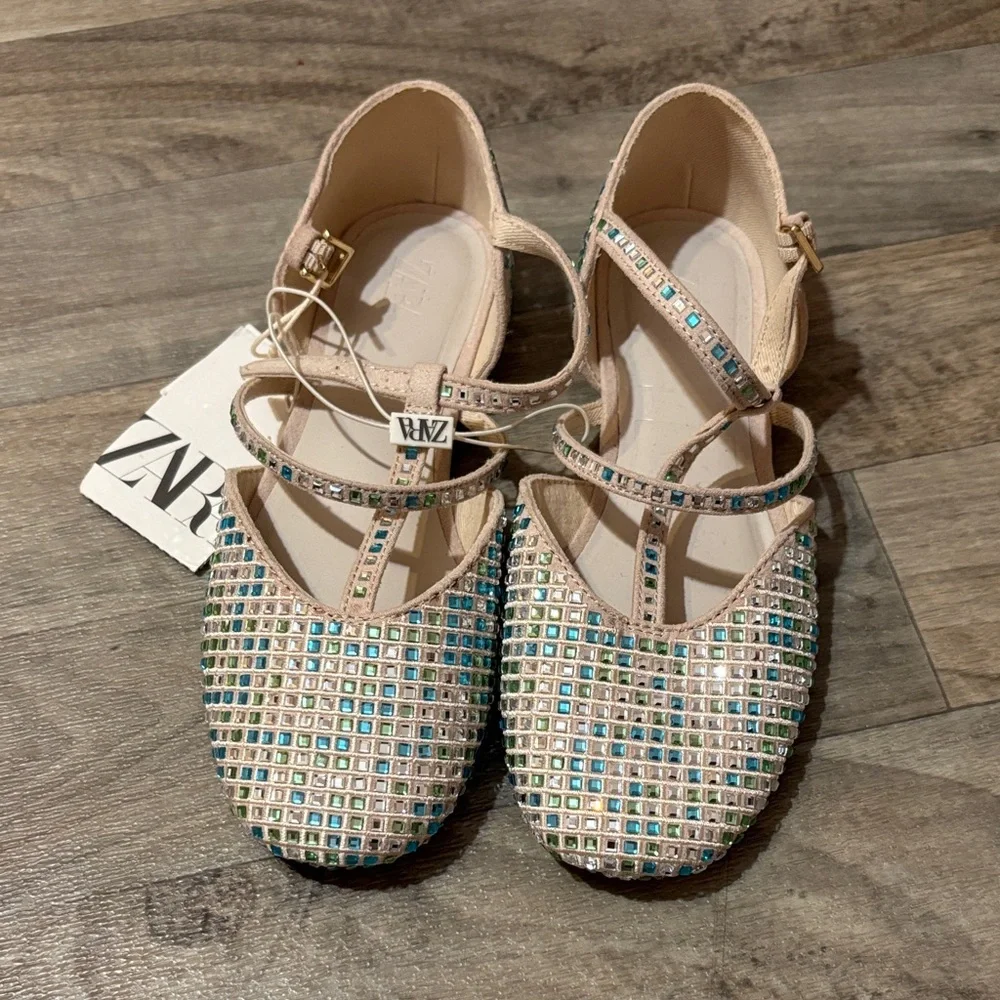 Zara Girls' Pink Rhinestone Embellished Dress Flats with Ankle Straps